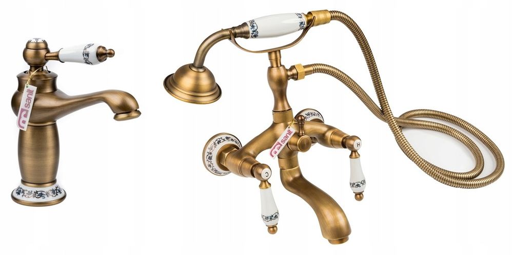 RETRO bateria umywalkowa wannowa stare złoto