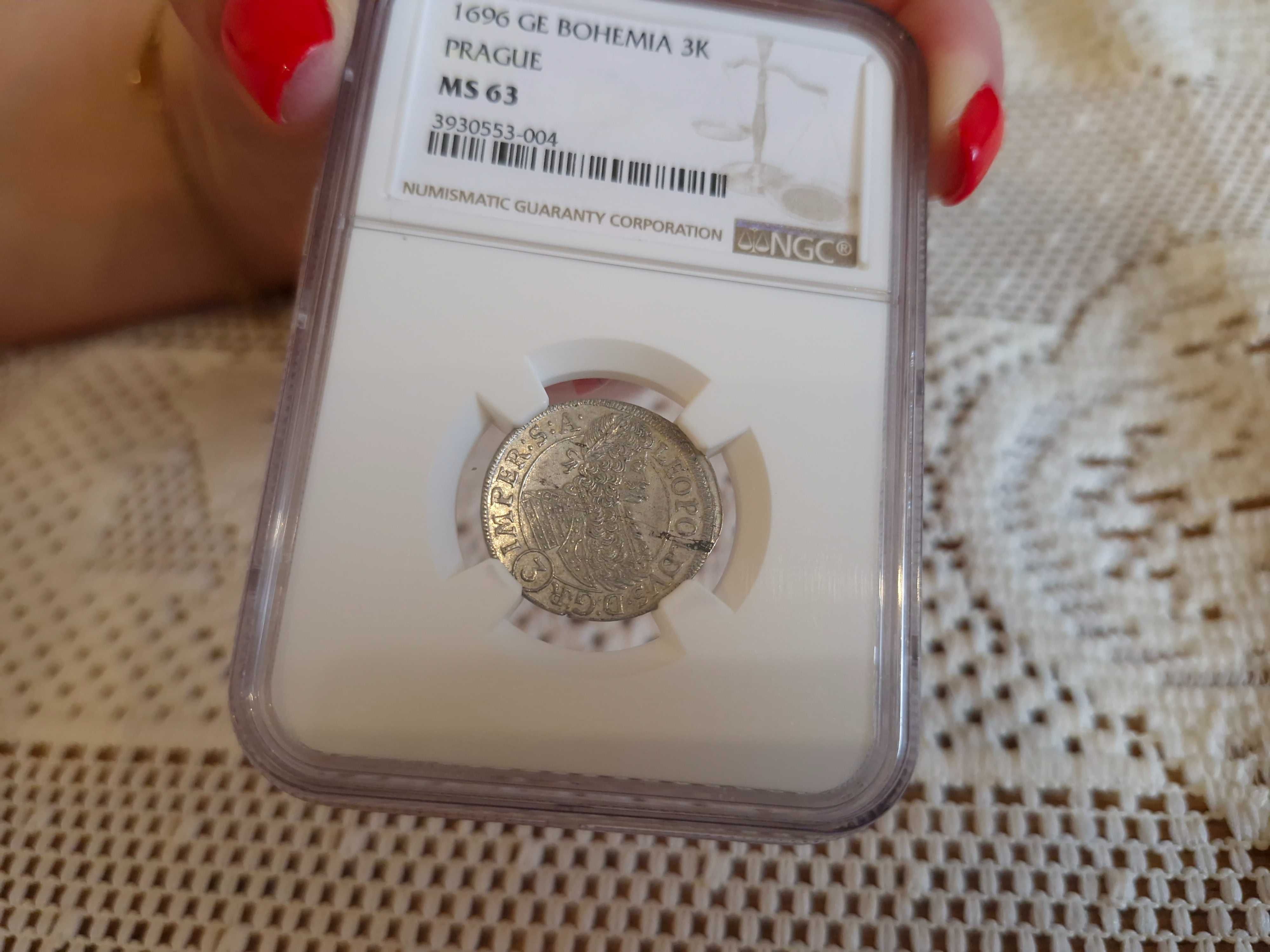 3 Krajcary 1696 rok Bohemia Leopold I ,Praga NGC MS63 , srebro ,monety