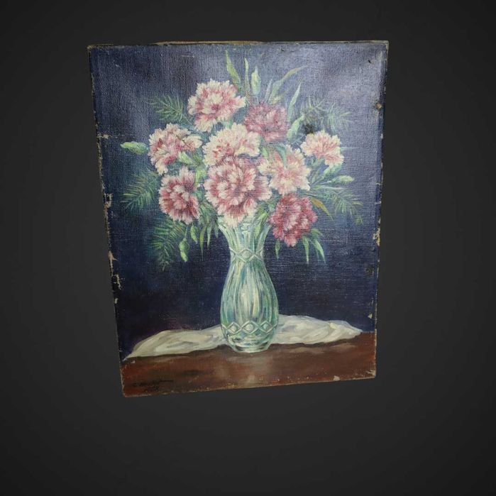 Stary obraz olejny kwiaty w wazonie 1952 r B5/072070