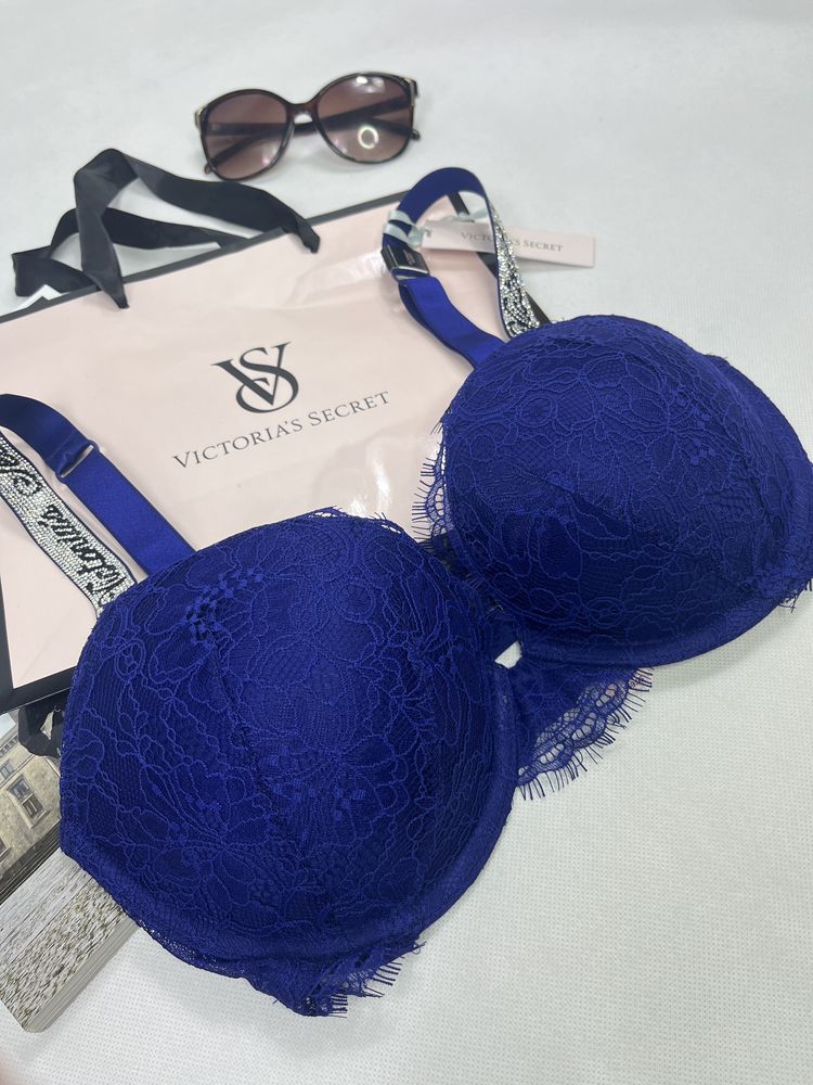 Granatowy biustonosz push-up z kryształkami Victoria’s Secret 32DD/70E