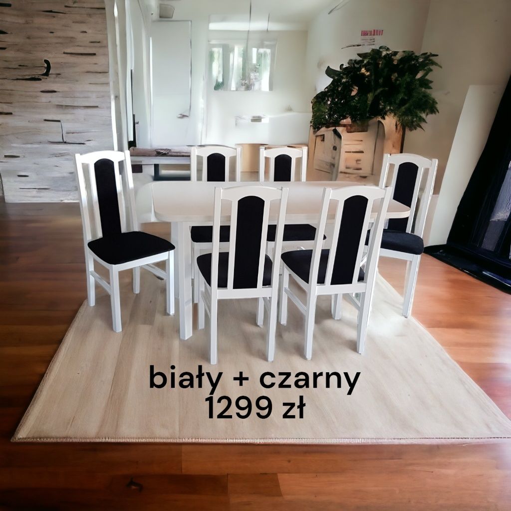 Nowe : STÓŁ 80x140/180 + 6 KRZESEŁ , BIAŁY + CZARNY , dostawa PL