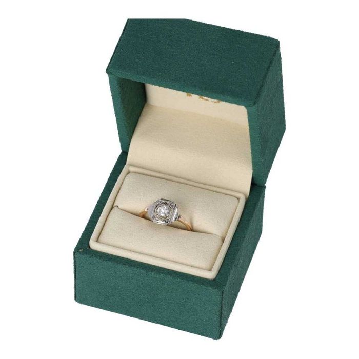 Pierścionek złoto + srebro + 1x diament + 3x rozeta diamentowa