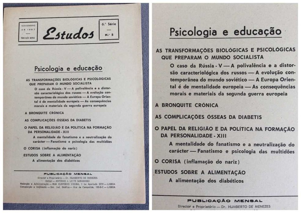 Estudos: Psicologia e educação - 7  Exemplares. Anos 60. Ver sumário