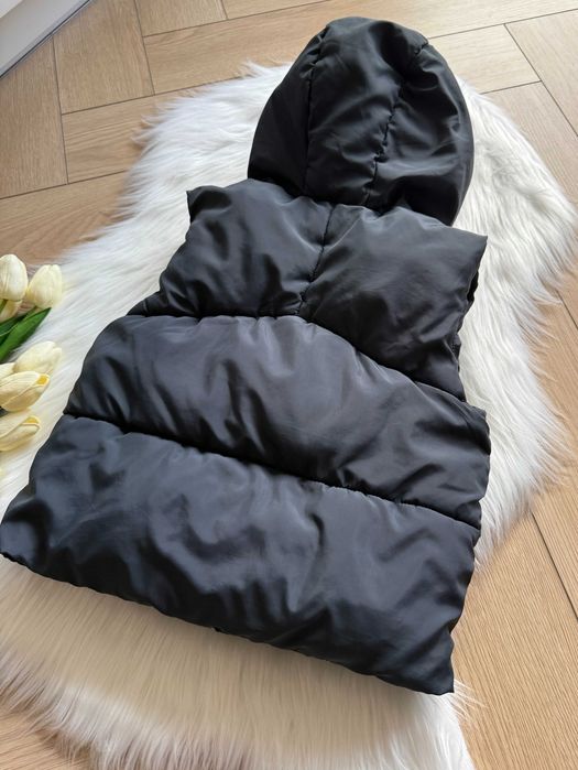 Elegancka Kamizelka bezrękawnik ZARA r 104 z kapturem ołowiany kolor