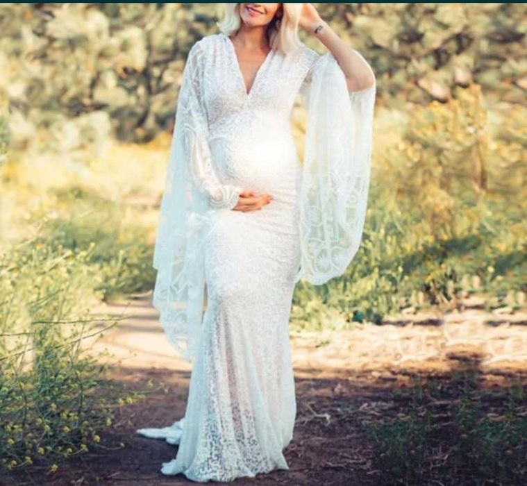 Suknia ślubna Boho koronka tren M 38 szerokie rękawy