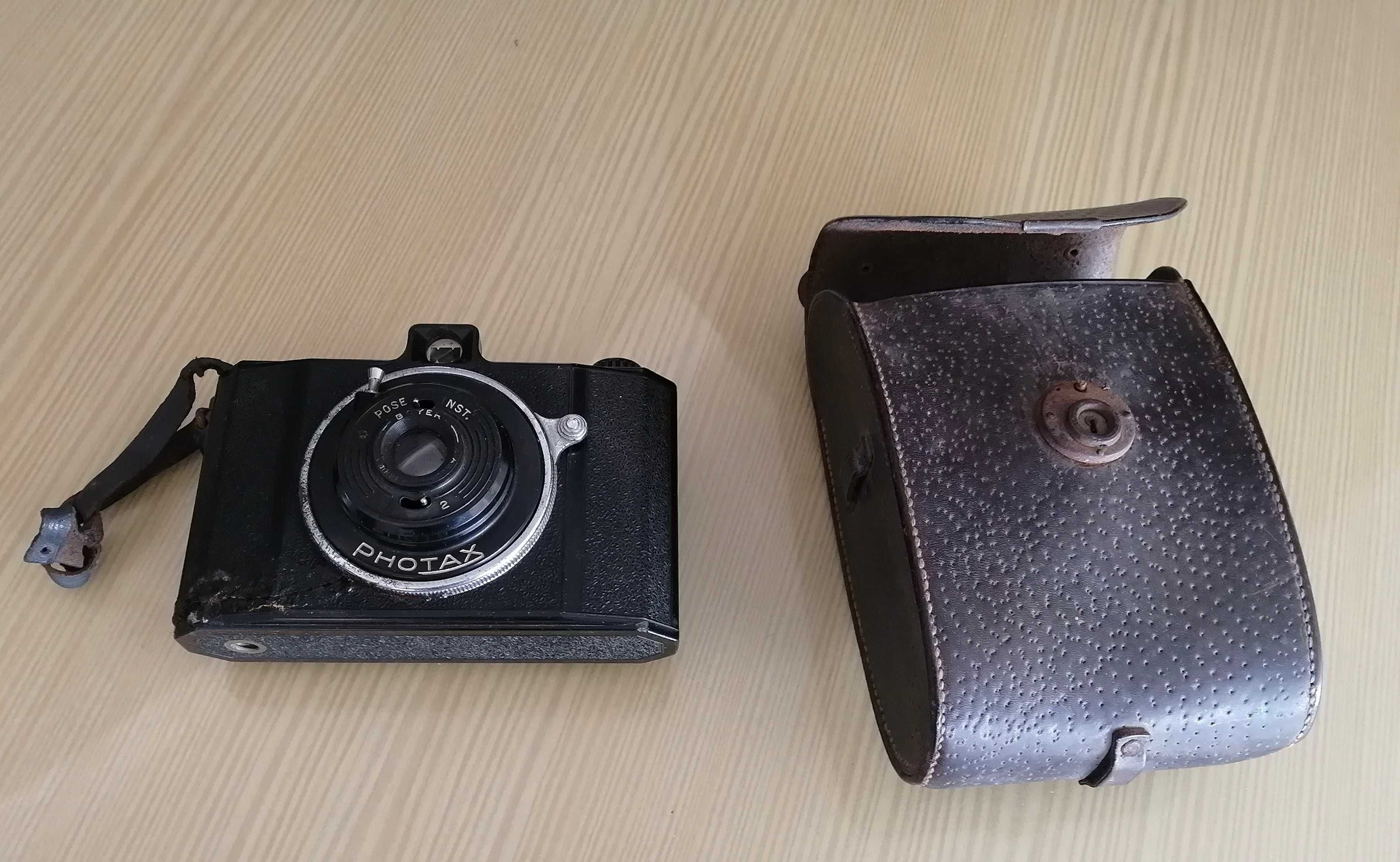 antiga máquina fotografica photax com bolsa em cabedal