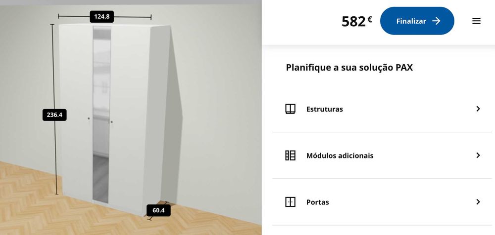 Roupeiro armário modular PAX branco com porta espelho 125cm largura
