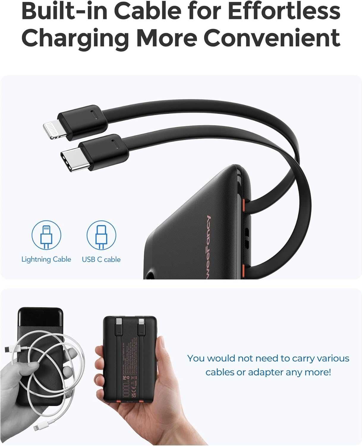 Powerbank USB C ze zintegrowanym kablem PD QC Szybkie ładowanie