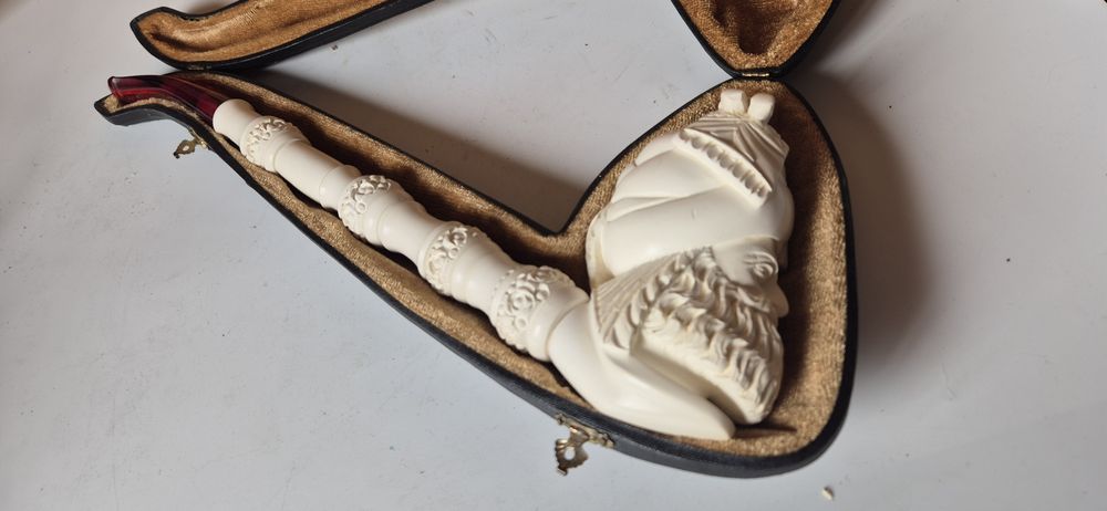 Piękna stara olbrzymia fajka z pianki morskiej sepolit w etui 34 cm