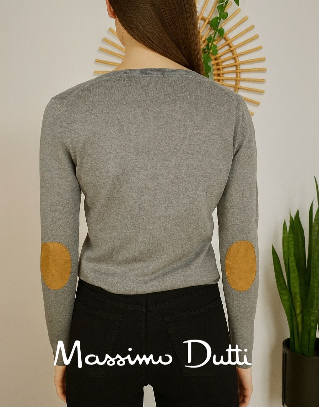 Massimo Dutti sweter M szary jedwab kaszmir bawełna dekolt V klasyczny