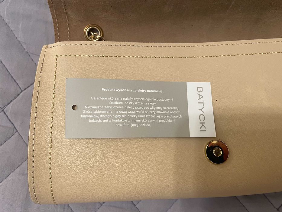 Torebka Batycki Oryginalna Skórzana Beżowa Złoty Łańcuch