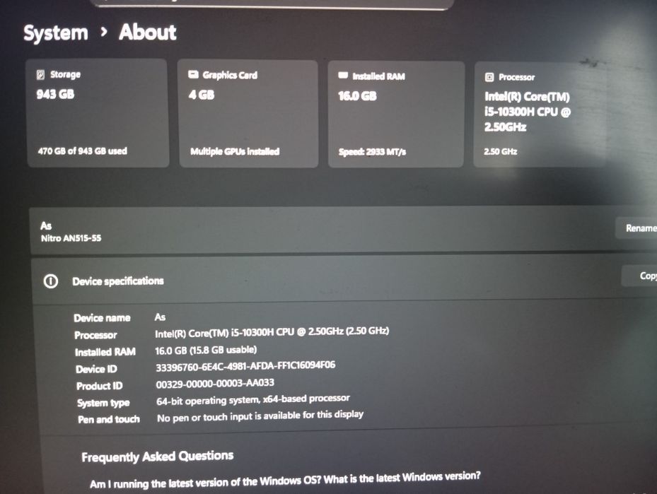 Acer Nitro 5 515-55 3050ti, 943Gb SSD, 16Gb RAM, i5-1030H