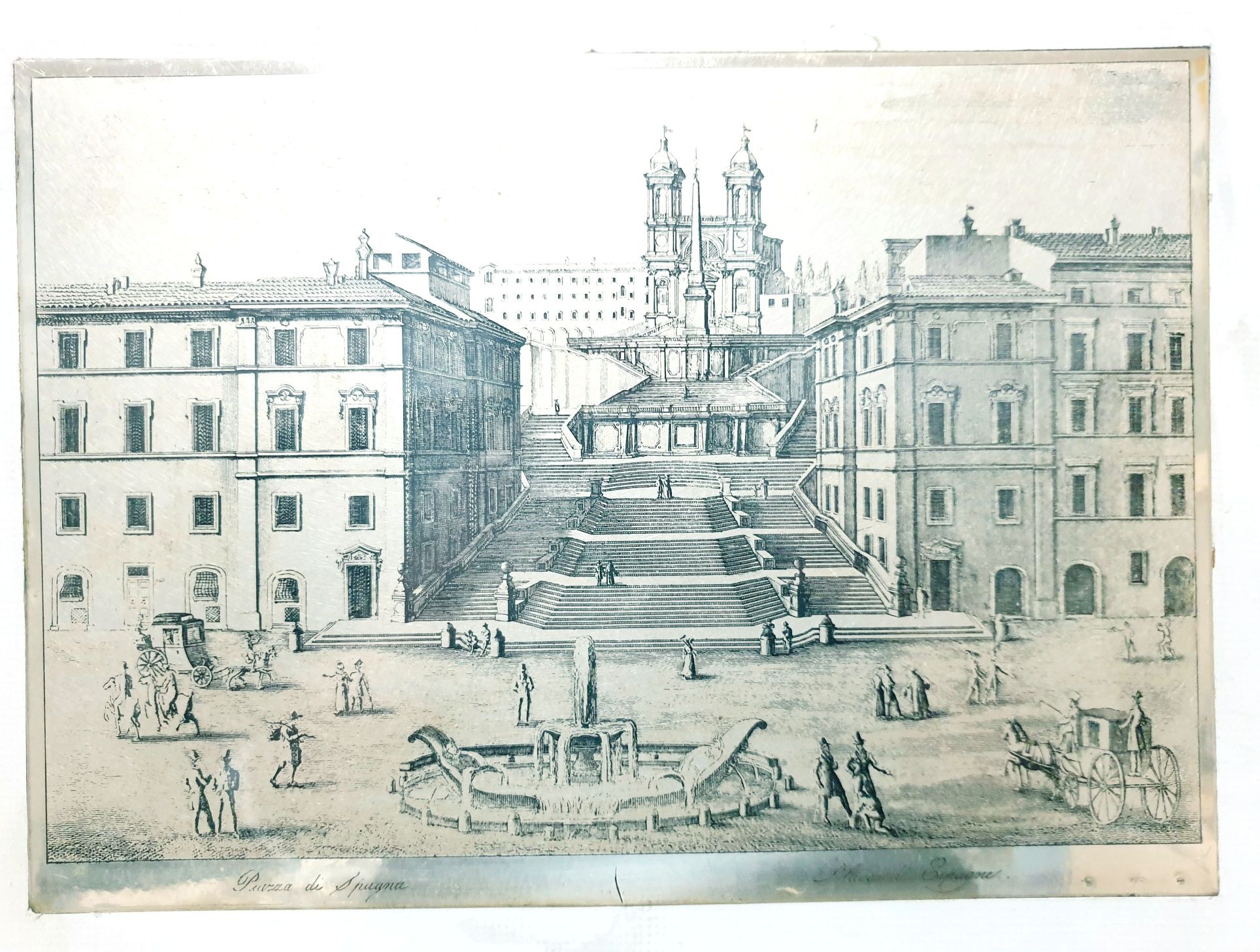 Fantastica gravura em prata contrastada "praça da Espanha em Roma"