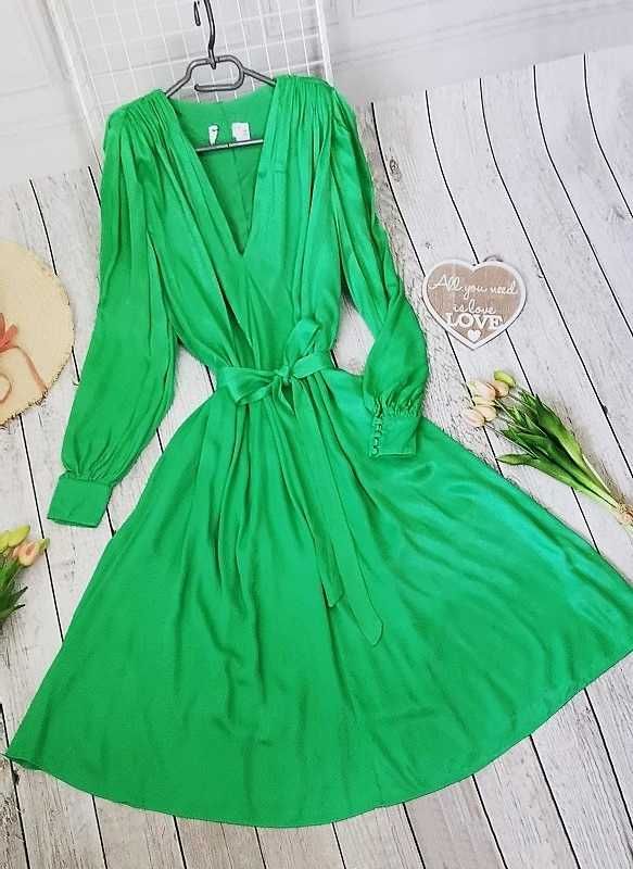 Asos Zielona Sukienka Satyna Wiązana Elegancka Retro Vintage Oversize