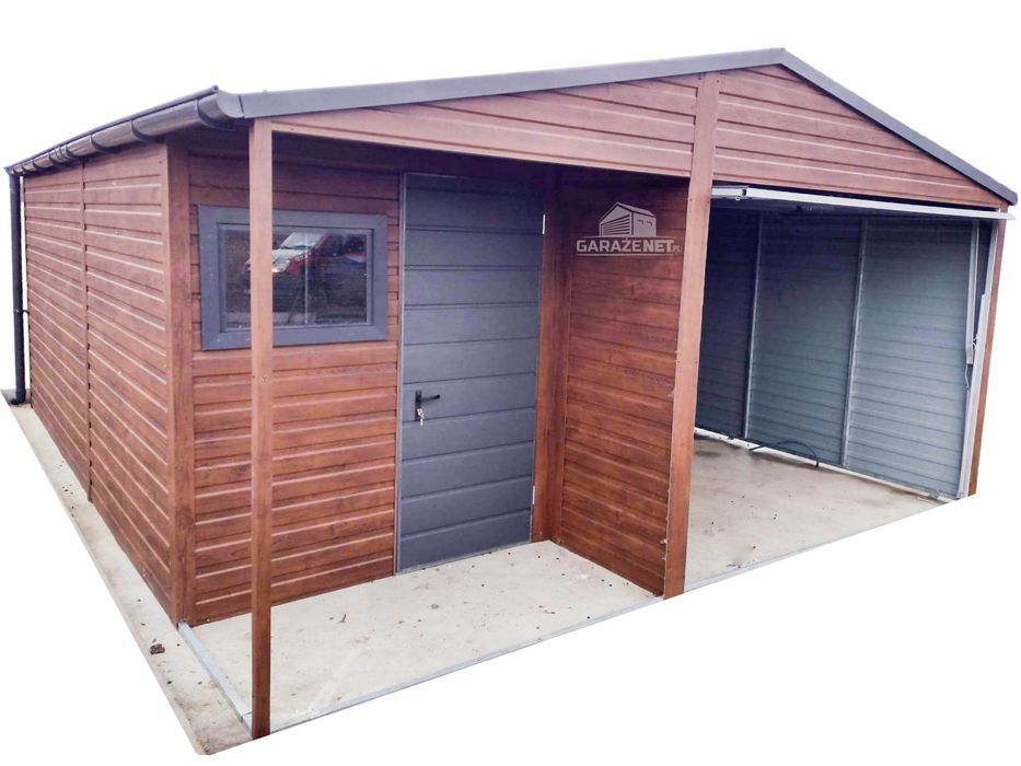GARAŻ BLASZANY 5m x 6m Dwuspad Brama Uchylna Ciemny Orzech Drzwi GB218