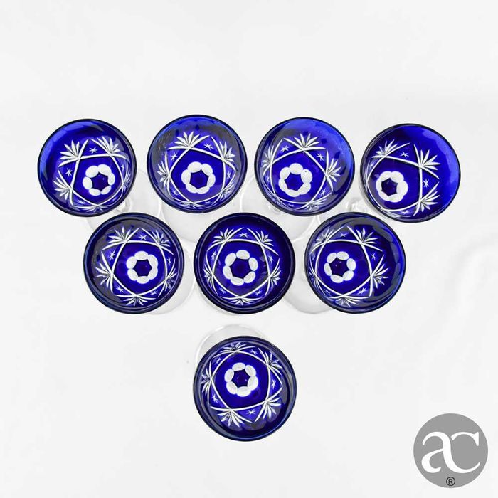 Conjunto de 8 Cálices Cristal Doublé, Cristal da Bohemia, azul-cobalto