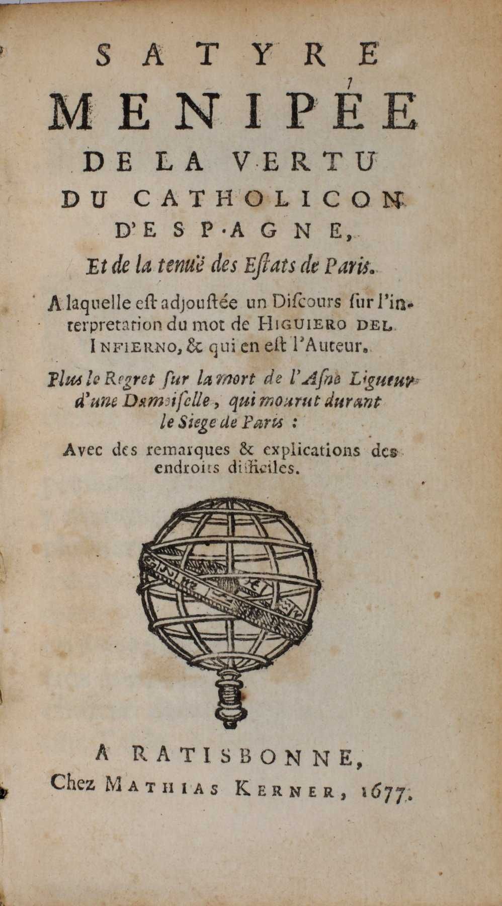 Importante obra literária satírica do Renascimento Francês. 1677.