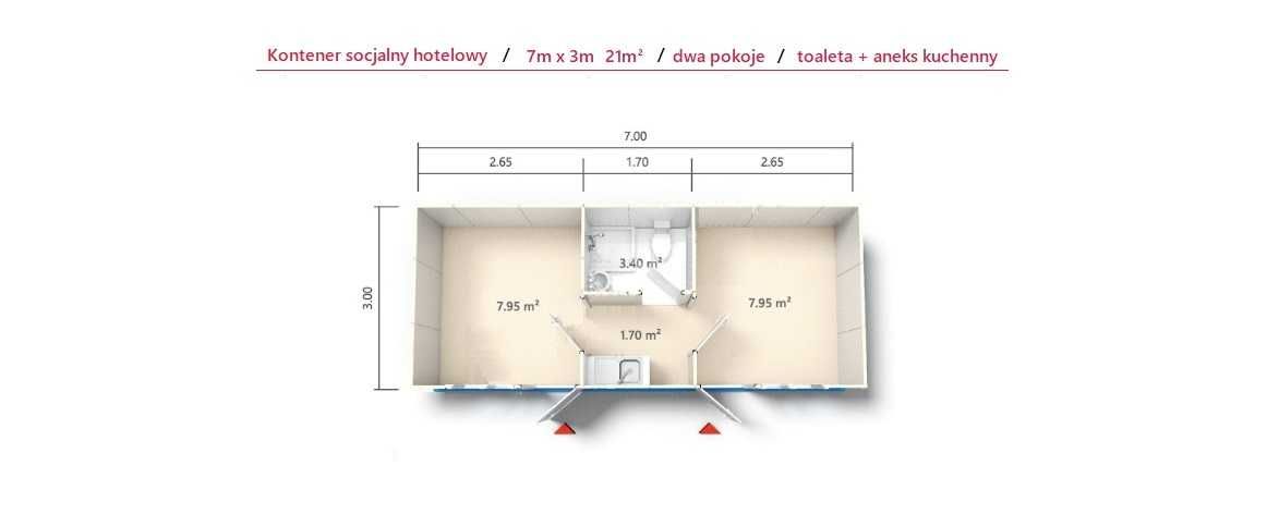 Kontener socjalny, pracowniczy, toaleta, aneks, klima multi, 7x3m 21m2