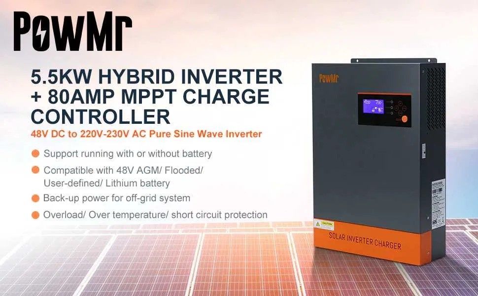 Гибридный солнечный инвертор POWMR 5.5/6.2 кВт, чистый синус, 48 В