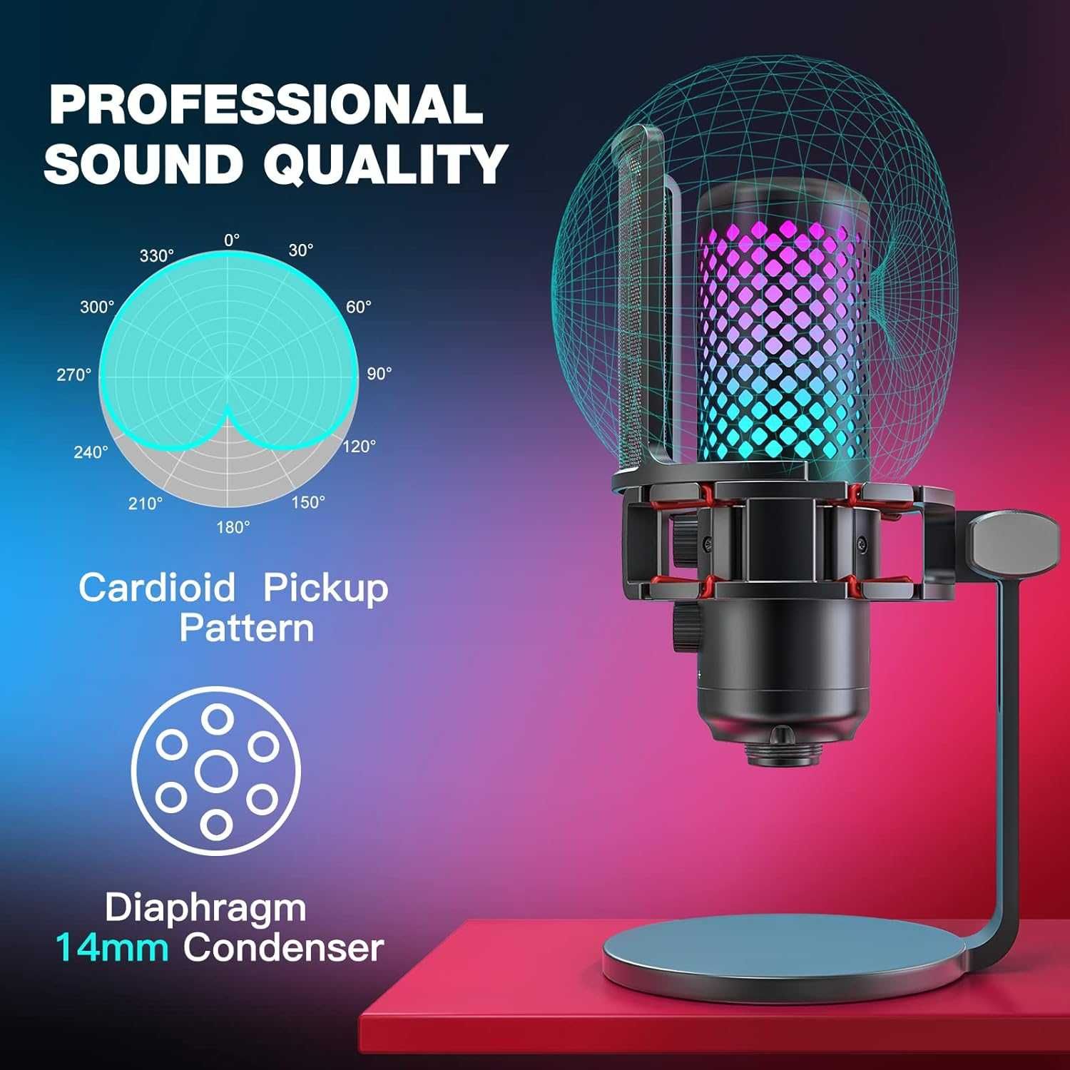 zealsound Gaming Microphone PC, mikrofon pojemnościowy USB RGB