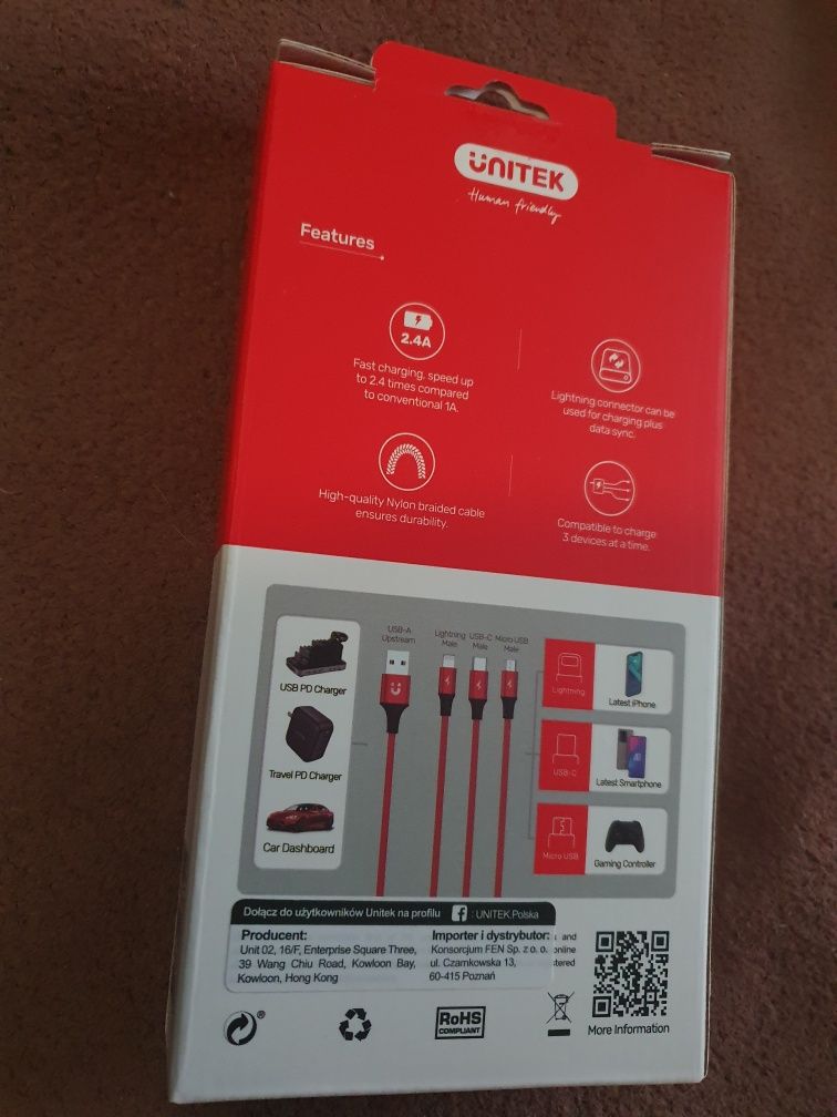 Kabel USB 3w1 Lightning, micro USB, USB-C 1,2m