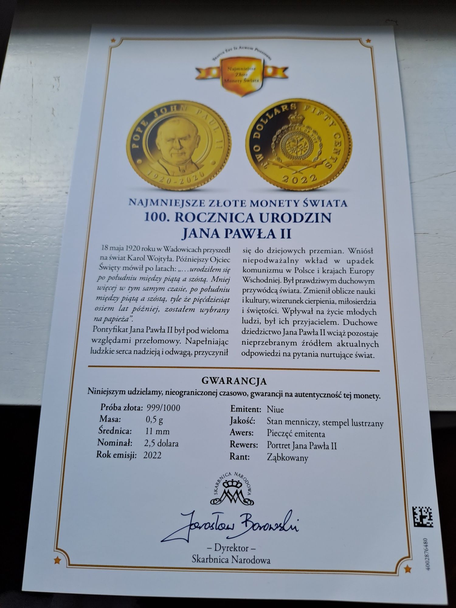 Najmniejsze Złote monety świata 100 Rocznica urodzin Jana Pawła II