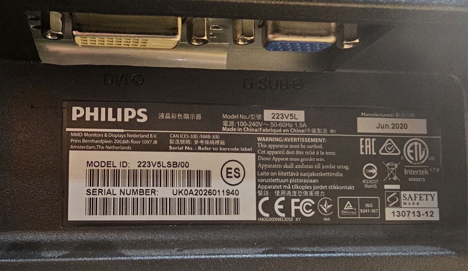 Monitor Philips 223V5L 16:9 1920 x 1080 VGA DVI