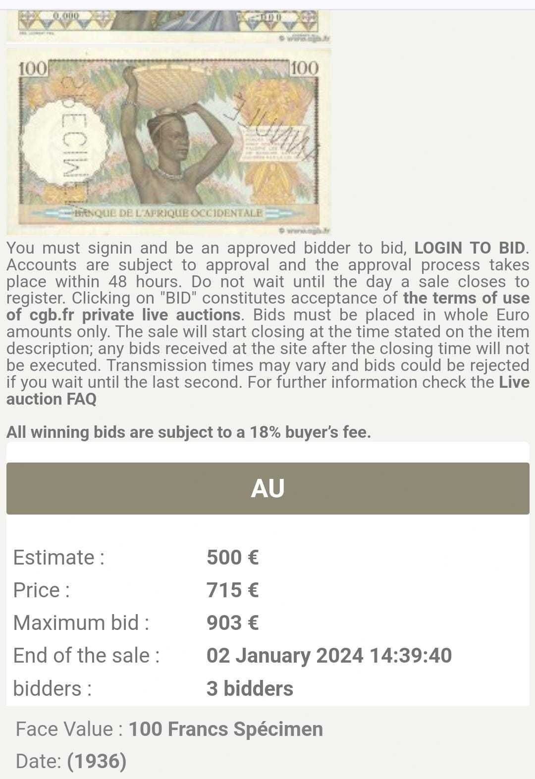 Nota 100 Francs FRENCH WEST AFRICA 1936
