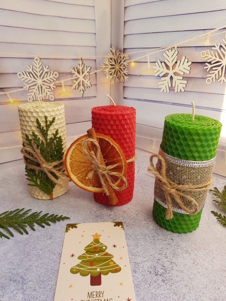 Уютный новогодний набор свечей из вощины новогодний декор подарок