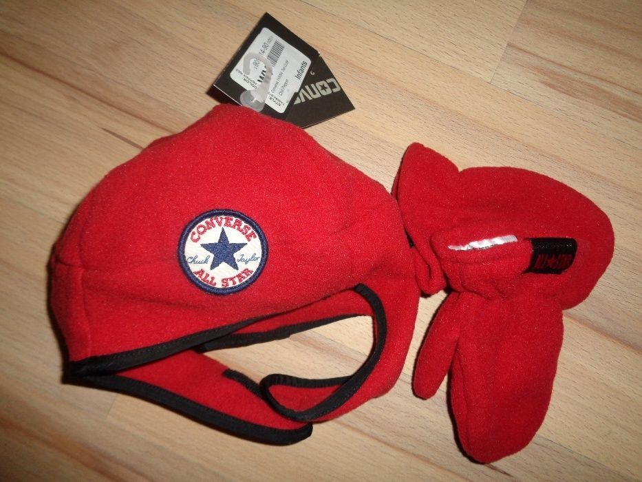 CONVERSE all star NOWY bordowy dziecięcy komplet czapka + rękawiczki