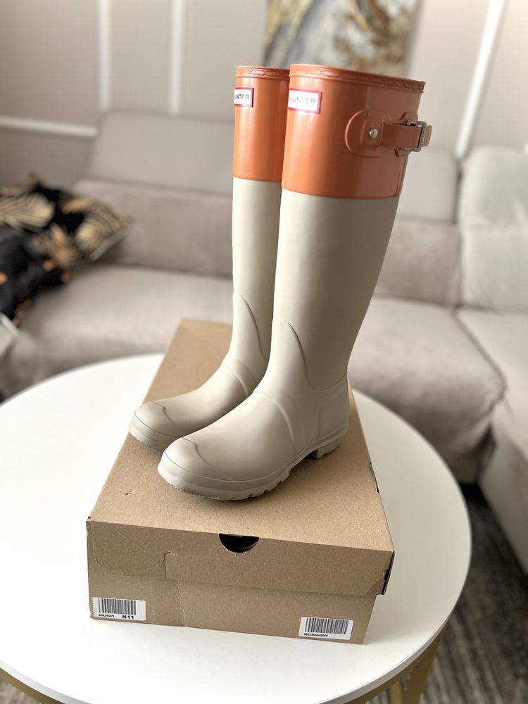 Wysokie dwu kolorowe beżowe kalosze, gumowce Hunter Color Block 39