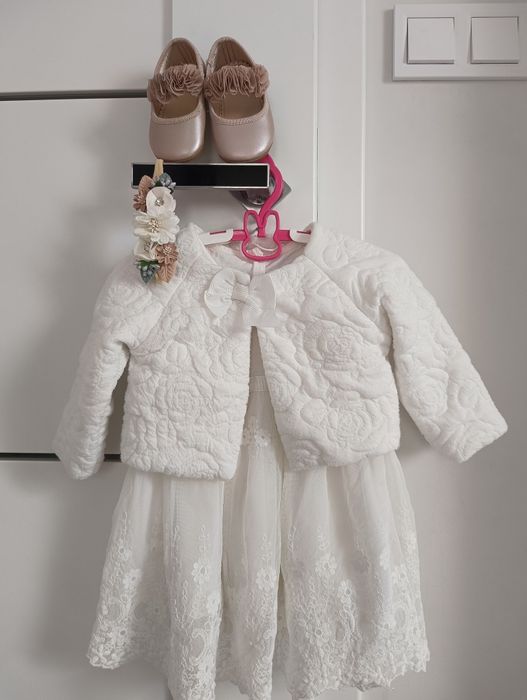 Sukienka na roczek 80 chrzest buciki opaska bolerko