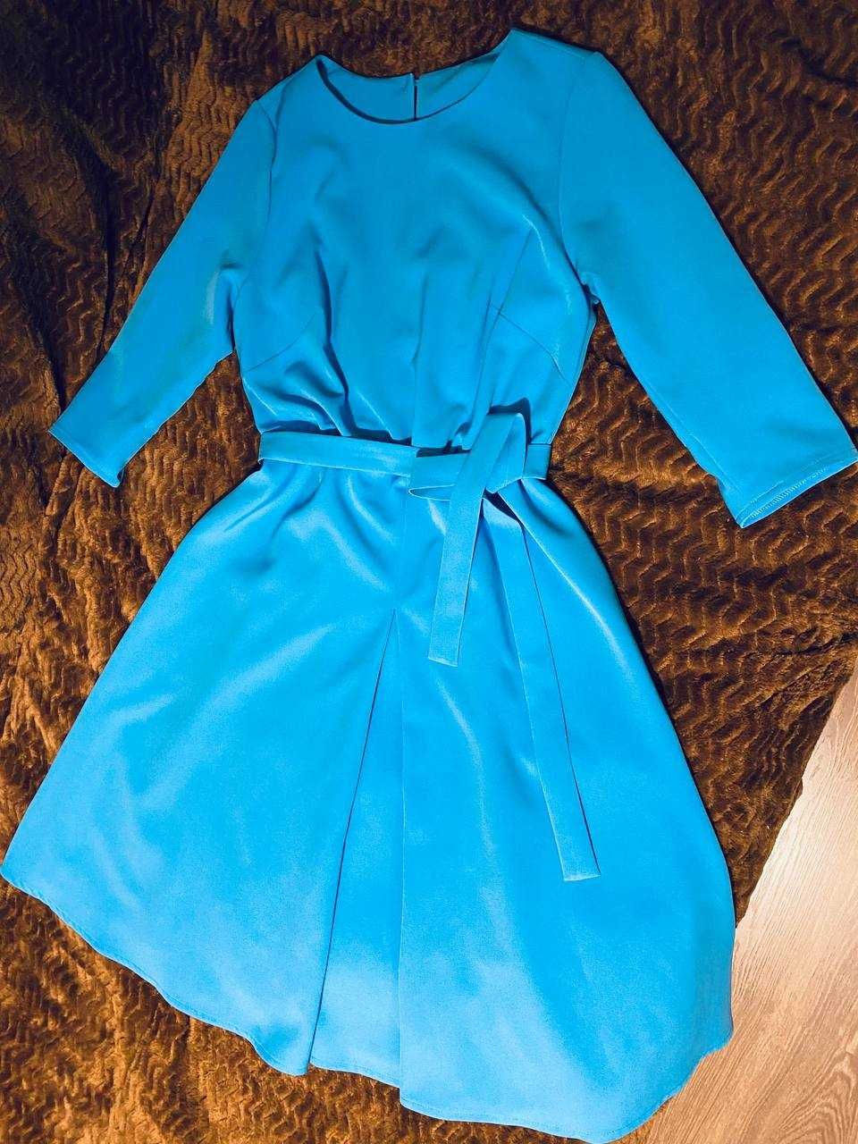 Платье нарядное вечернее праздничное шифон солнце-клёш голубое миди