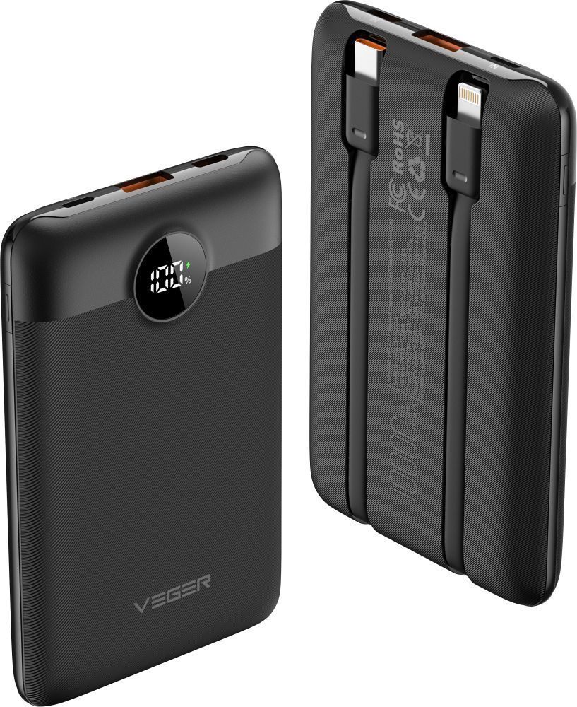 VEGER powerbank 10000 mAh z wbudowanymi kablami Typ C / Lightning PD