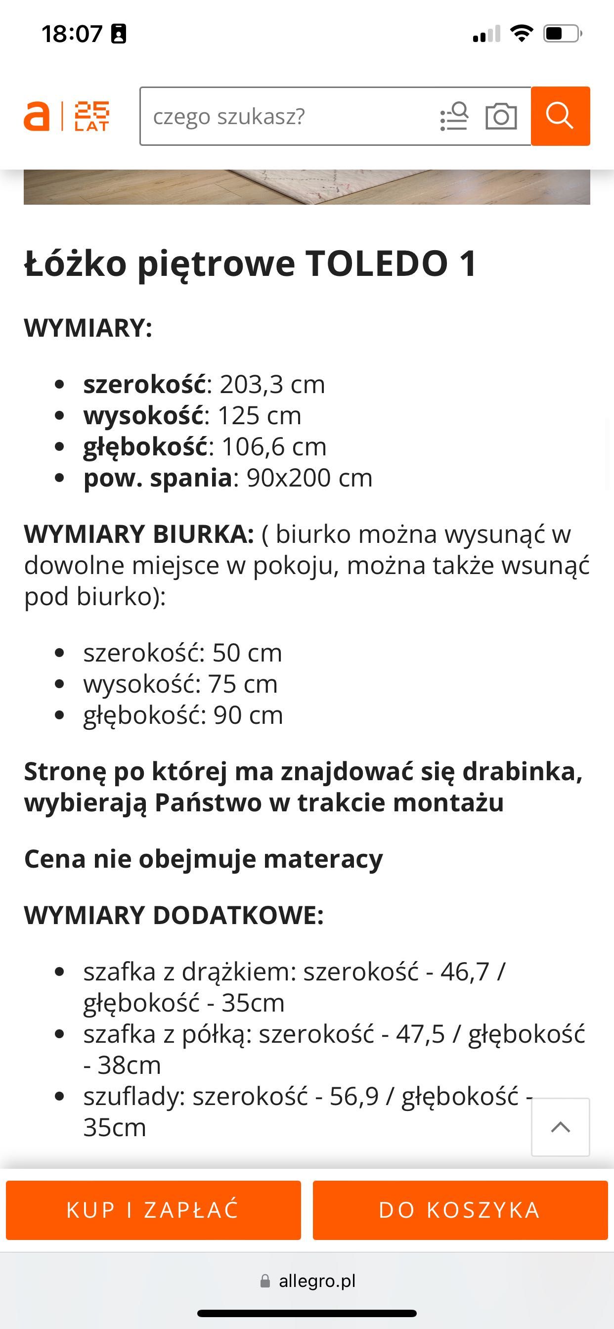 Łóżko Toledo  na antresoli z biurkiem i materacem