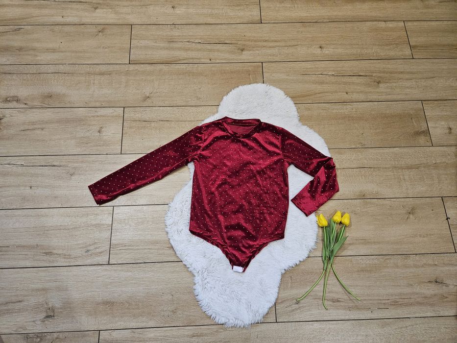 Bordo body w kropki srebrne 152 dla dziewczynki
