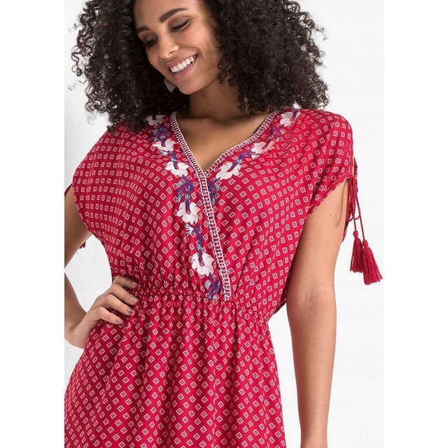 bonprix czerwona letnia sukienka damska mini boho cold shoulders 50