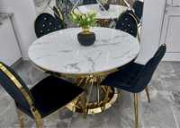 Złoty stół okrągły z białym czarnym marmurem 120 Premium nowoczesny