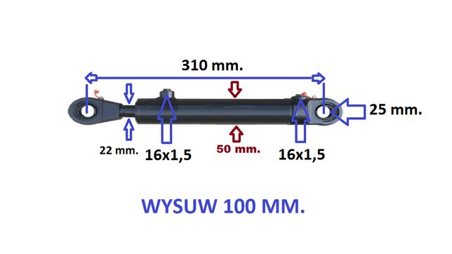 cylinder hydrauliczny wysuw 100 mm. Tłoczysko 22 mm.