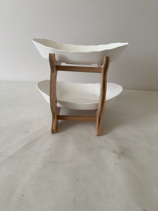 Dwupoziomowy kosz na owoce i warzywa, taca bambusowa, duża miska