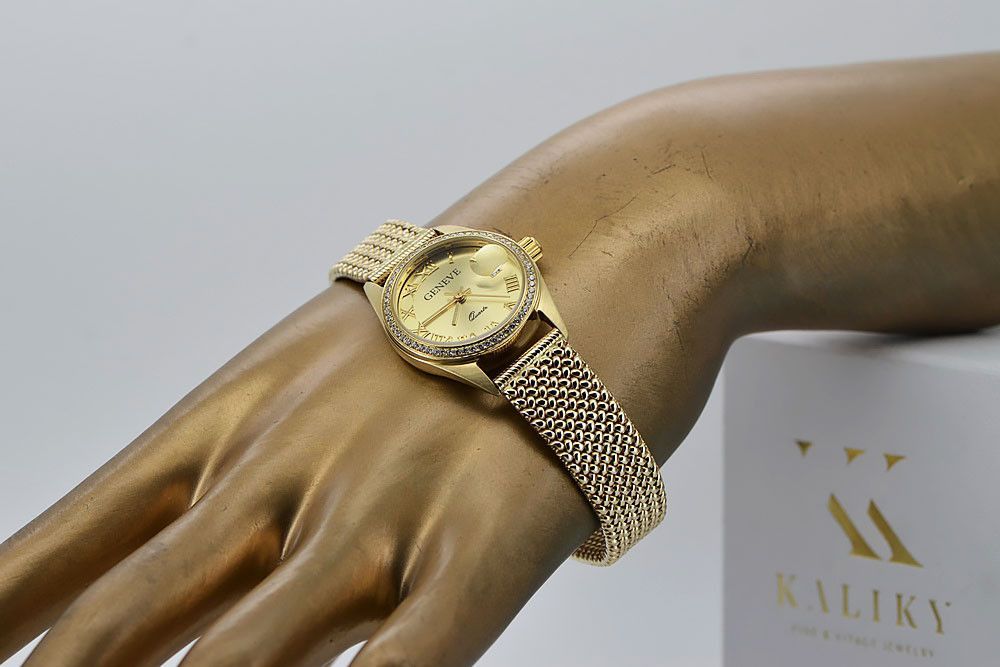 Złoty zegarek damski 14k z BRYLANTAMI 0.25ct Geneve lwd078y&lbw003y W
