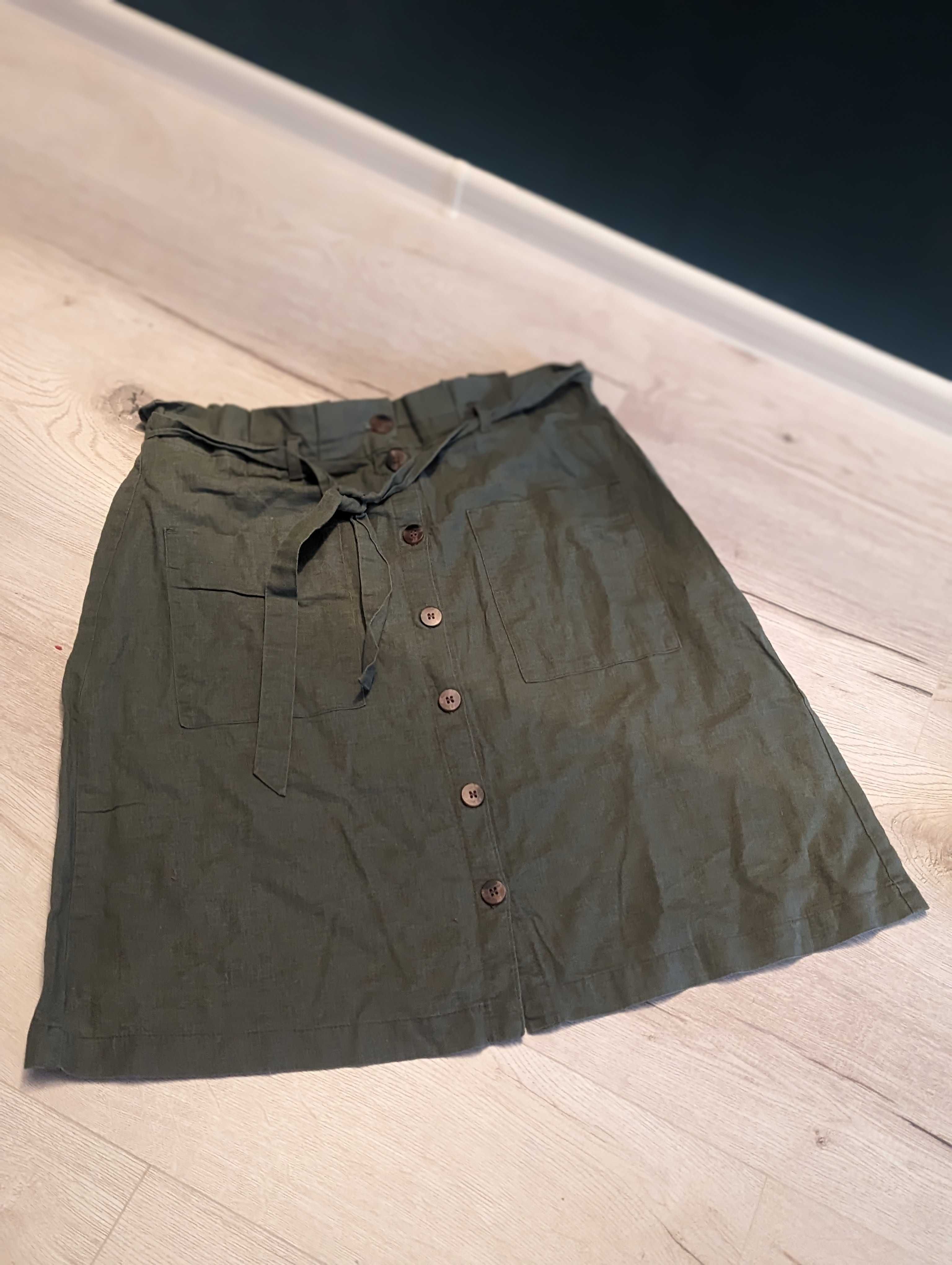 Spódnica khaki len bawełna 42 C&A wiosenna guziki kieszenie