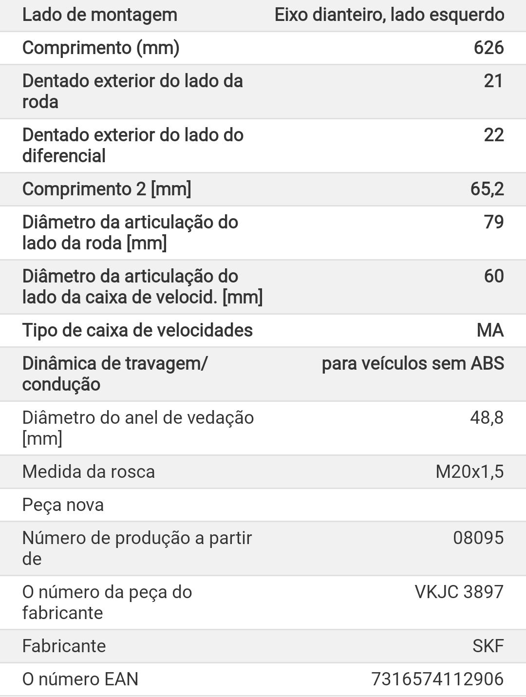 Veio de transmissão para Citroen Saxo/Peugeot 106