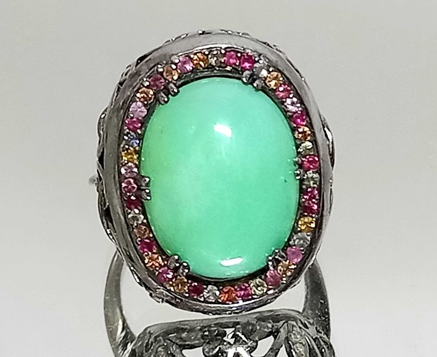 Biżuteria dawna, pierścionek, awenturyn, szafiry, diamenty, srebro 925