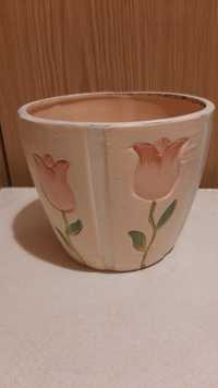Керамічний горщик для квітів бежевий з декором "тюльпани"