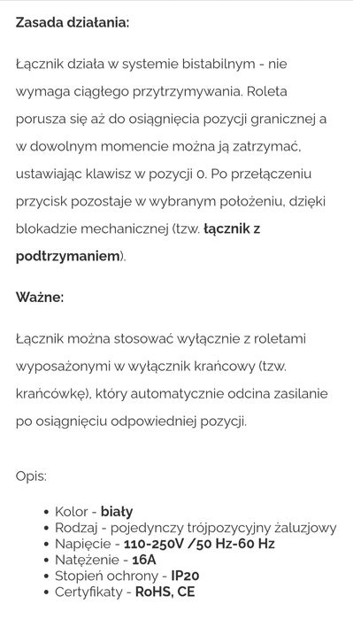 Przełącznik Rolet, Żaluzji Trojpozycyjny . MIUUN