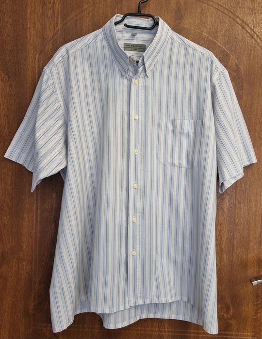 Kremowa męska koszula z krótkim rękawem w niebiesko-brązowe prążki, L