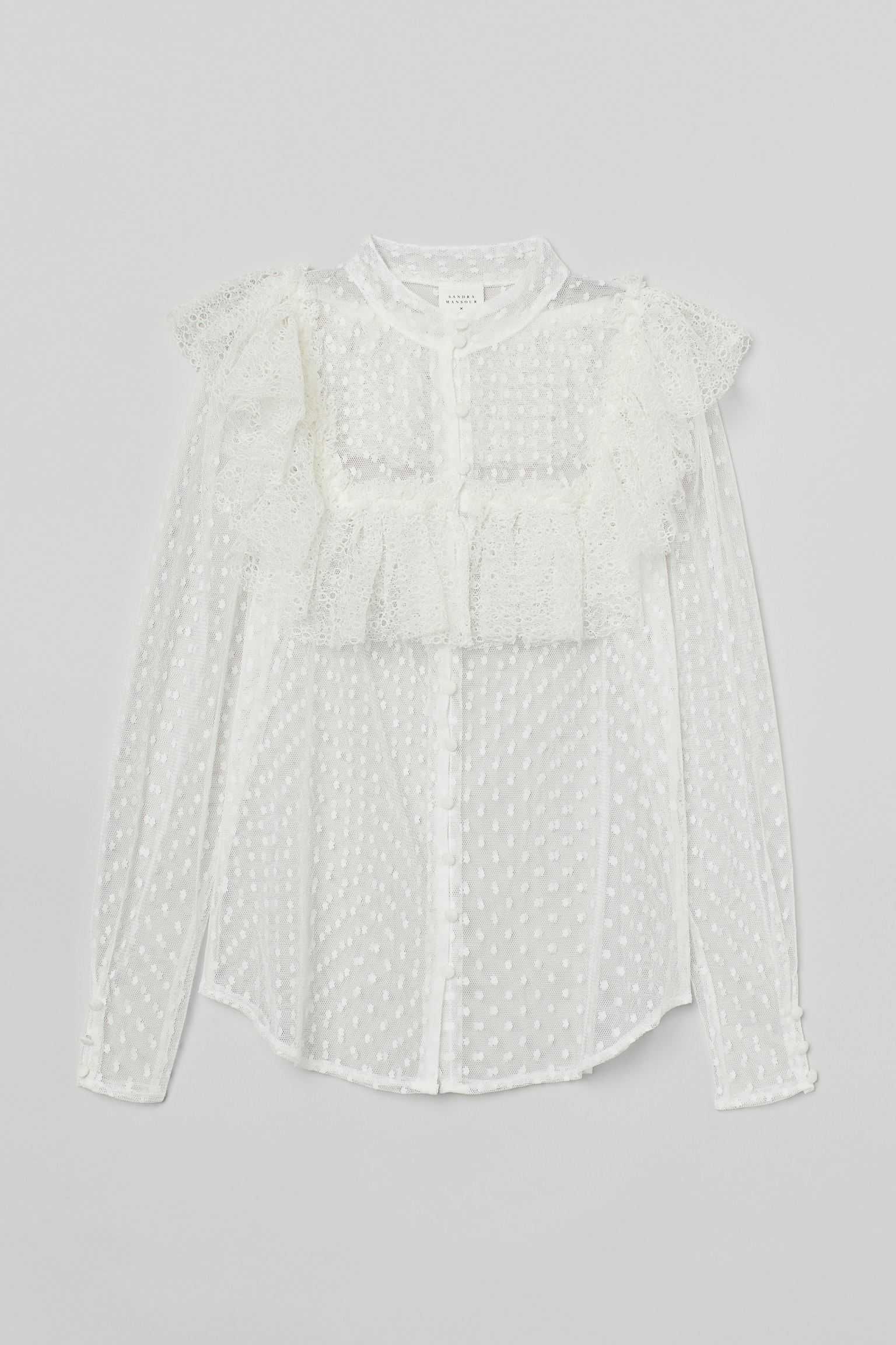 H&M Sandra Mansour Tiulowa bluzka z falbaną