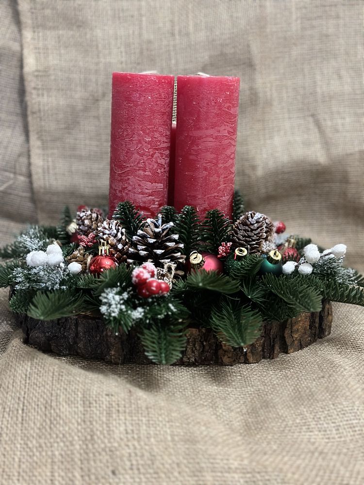 Свічник новорічний композиція святкова свічки зруб дерева декор свято