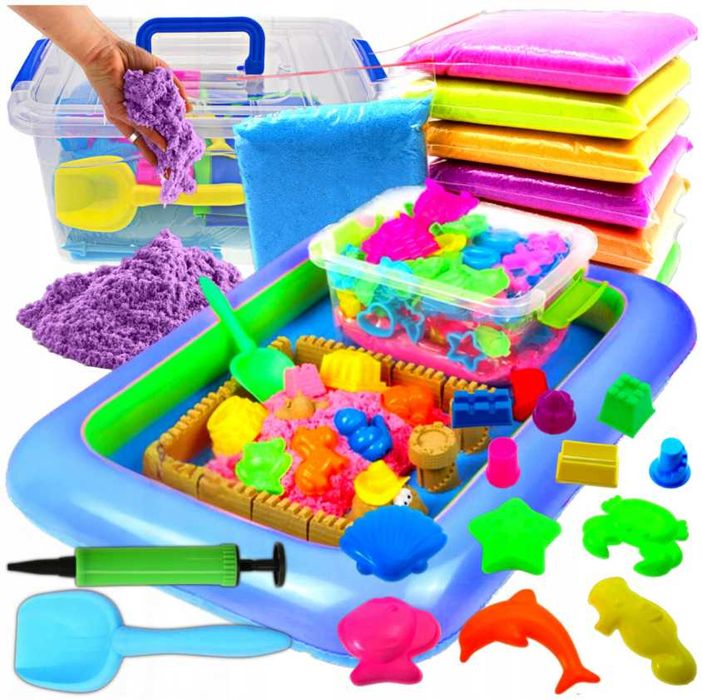 Piasek Kinetyczny 3kg +basen Foremki Piaskownica Wiaderko Zestaw XLL